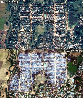 Satelite images of part of Meiktila, Myanamr showing before and after the March 2013 violence against Muslims