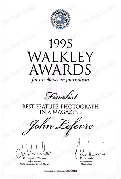 The Walkley Award finalist certificate awarded to John Le Fevre in 1995 for coverage of the Ebola outbreak in Zaire