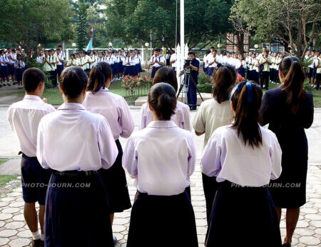 Morning assembly at Wang Wang Klai Kangwon School in Hua Hin, Thailand is broadcast throughout the kingdom