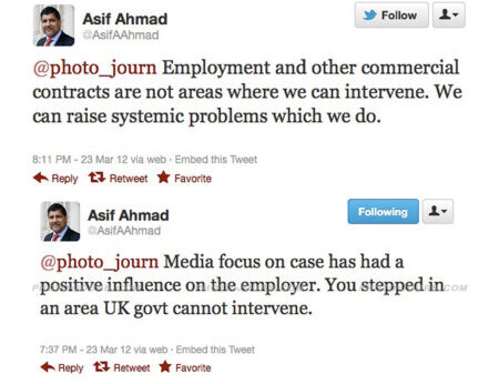Tweets exchanged between photo-journ’s newsblog & British Ambassador Asif Ahmad on March 23