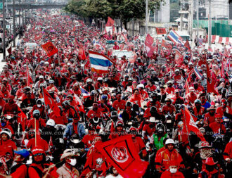 Hundreds of thousands of red-shirt protesters took to the streets in a motorcade over 50-km in length
