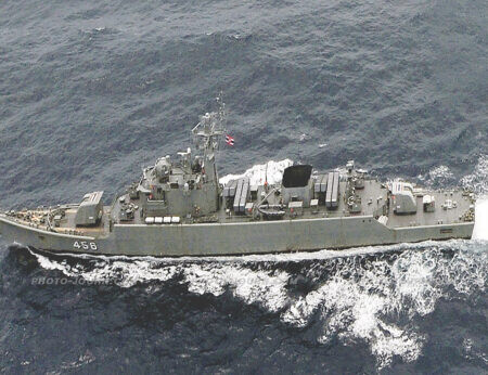The Royal Thai Navy Flower class corvette, HTMS Bangpakong evacuating tourists from southern Thailand holiday islands