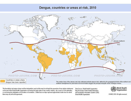 Countries or areas at risk of dengue fever throughout the world in 2010