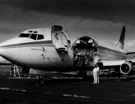 Damage caused to Aloha Airlines Flight 243 737-200 in 1988 after a mid-flight, explosive decompression blamed on adhesives and rivets
