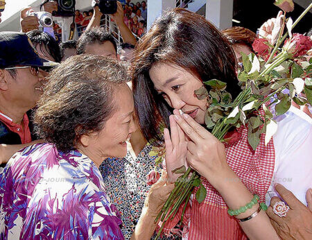 Yingluck Shinawatra, youngest sister of fugitive former prime minister Thaksin Shinawatra campaigning in Ubon Ratchathani.